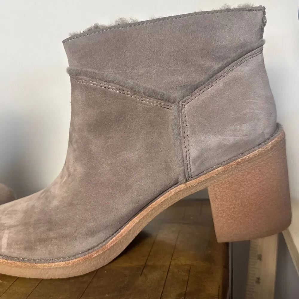 UGG Suede Shearling Ankle Boots Women's 11 Gray Taupe Block Heel Booties